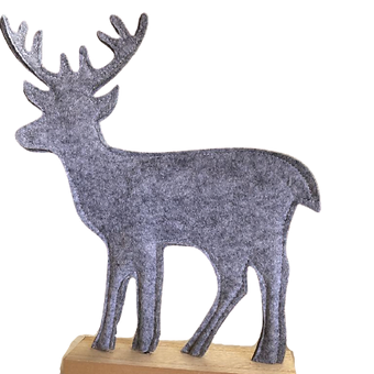 Renne en feutre, sur socle bois de manguier