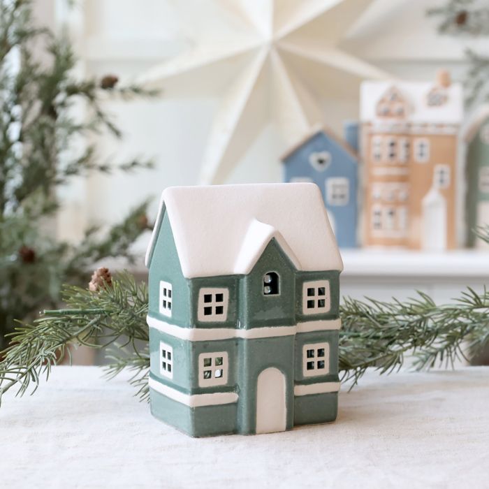 Photophore Maison en Grès Vert – Chic Antique (H 14,5 × L 10 × l 8 cm)