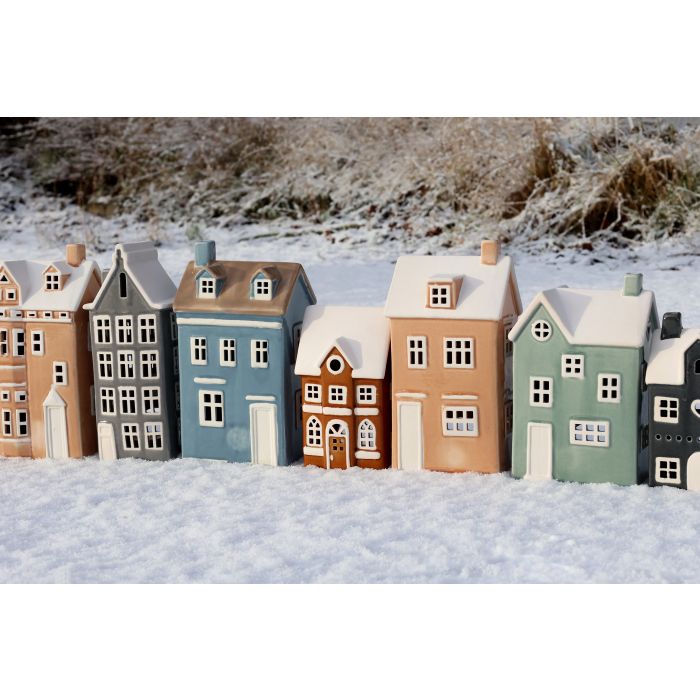 Photophore maison en grès vert (grand modèle) – Chic Antique (H 21 × L 13,5 × l 9 cm)