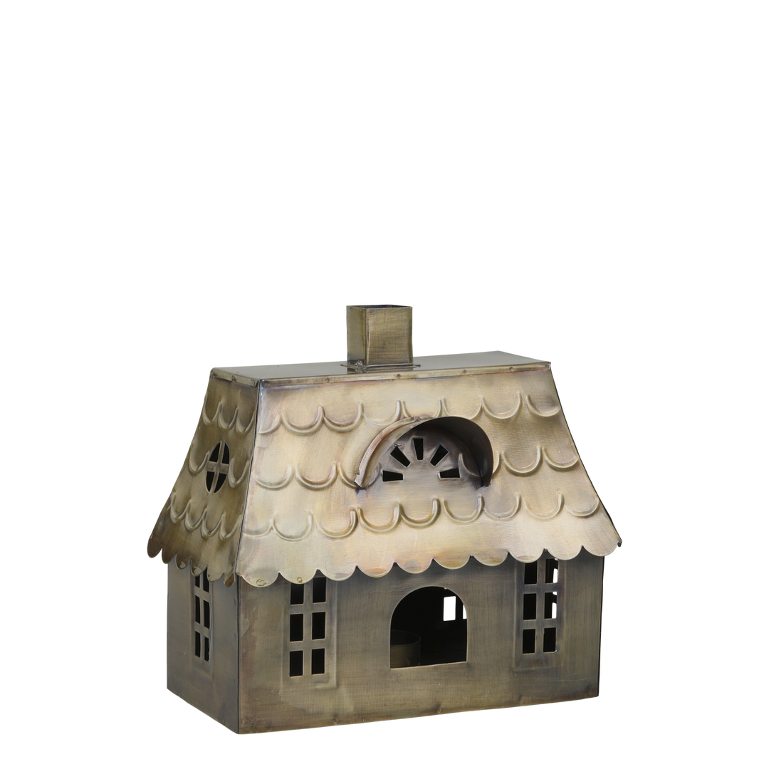 Photophore Maison en fer laiton antique – Grand modèle H22 × L23 × L14 cm