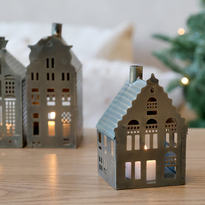 Maisons photophores chic antique en fer décor laiton – 2 dimensions – Déco chaleureuse automne & hiver