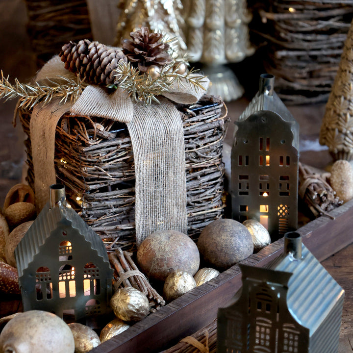 Maisons photophores chic antique en fer décor laiton – 2 dimensions – Déco chaleureuse automne & hiver