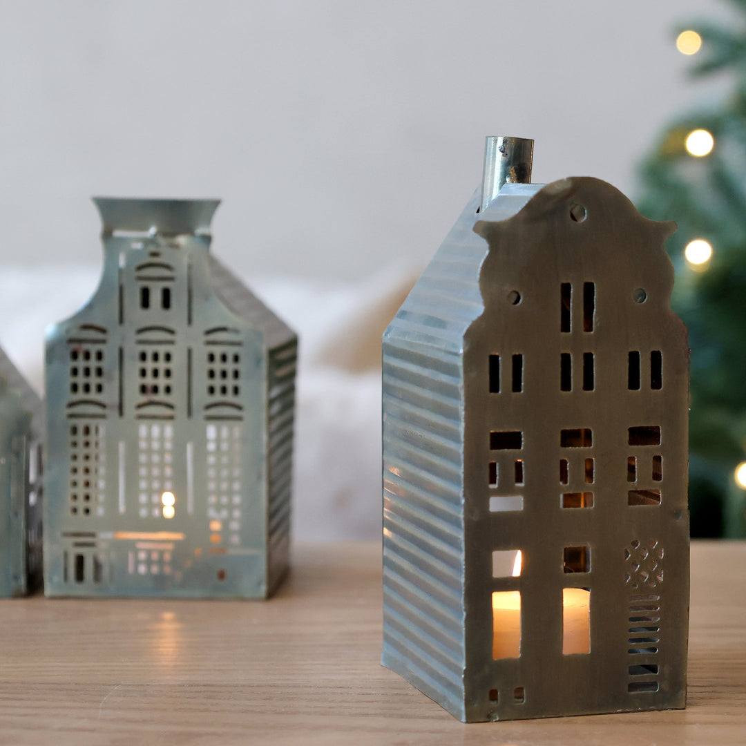 Maisons photophores chic antique en fer décor laiton – 2 dimensions – Déco chaleureuse automne & hiver