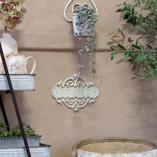 Signe fer blanchi "WELCOME" -Chic Antique 28/20/5 cm