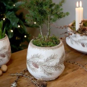 Collection Chic Antique en céramique craquelée – Branches & pommes de pin – Cache-pot, cruche, plat, bouteille