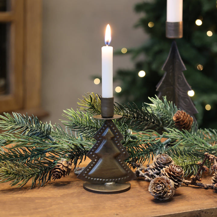 Bougeoir avec sapin de Noël – finition laiton antique