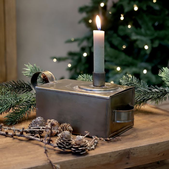 Boîte avec tiroir et bougeoir chic antique – Fer décor laiton + 2 bougies offertes