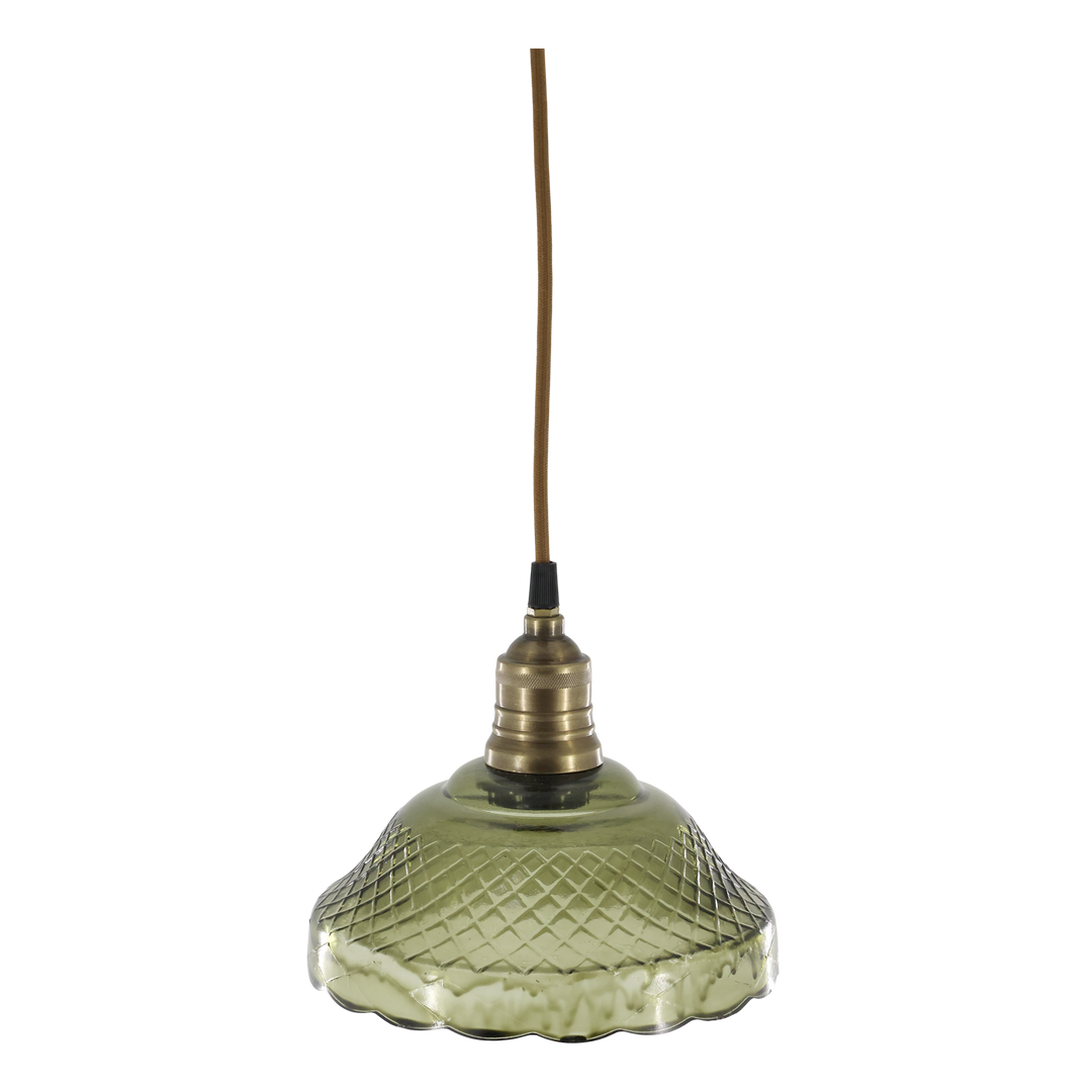 Suspension en verre olive et laiton – H18 x D21 cm – câble tissu 2 m – Douille E27