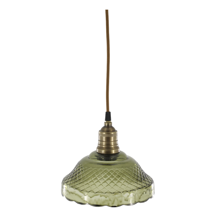 Suspension en verre olive et laiton – H18 x D21 cm – câble tissu 2 m – Douille E27