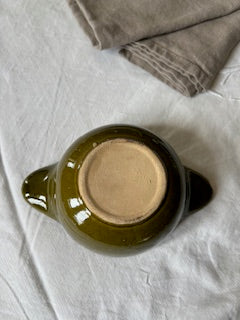 Bol à oreilles vintage en grès émaillé olive – Années 60/70