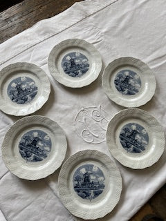 Lot de 6 assiettes Delft – Faïence hollandaise décor moulin bleu –