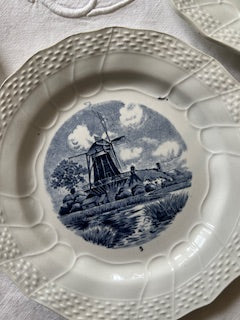 Lot de 6 assiettes Delft – Faïence hollandaise décor moulin bleu –