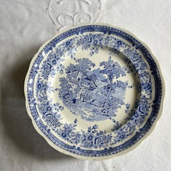Lot de 6 assiettes plates anciennes Lunéville K&G – décor champêtre bleu XIXe (26 cm) + 1 avec petit éclat