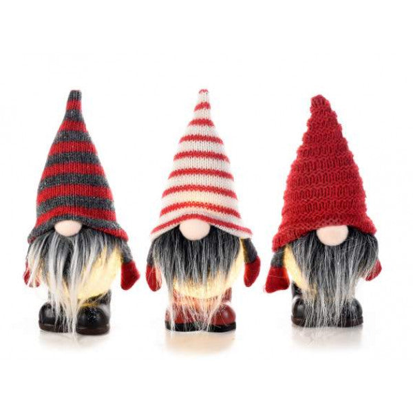 Les 3 gnomes tricots rouge pieds biscuit.Leds et pile inclus.