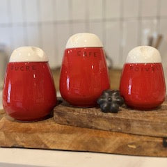 Trio de pots vintage rouge et blanc – Poivre, Sucre, Café