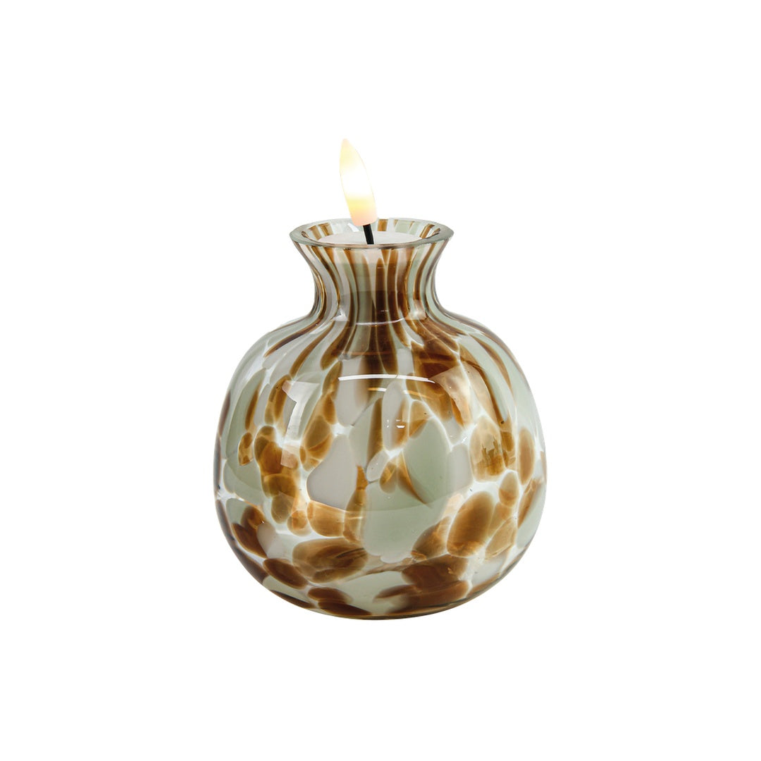 Boule LED décorative en verre tacheté kaki – style lampe à huile – Opjet – Ø 9,5 × H 13,5 cm