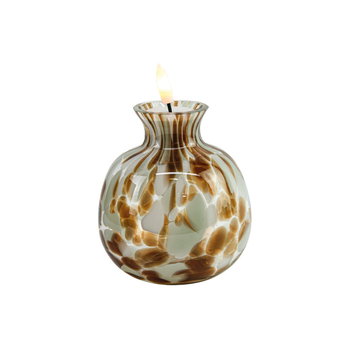 Boule LED décorative en verre tacheté kaki – style lampe à huile – Opjet – Ø 9,5 × H 13,5 cm