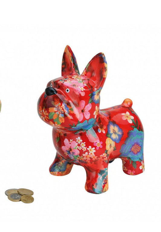 Tirelire Bouledogue,  céramique fleurie 20 cm ! - Déco Nord Sud